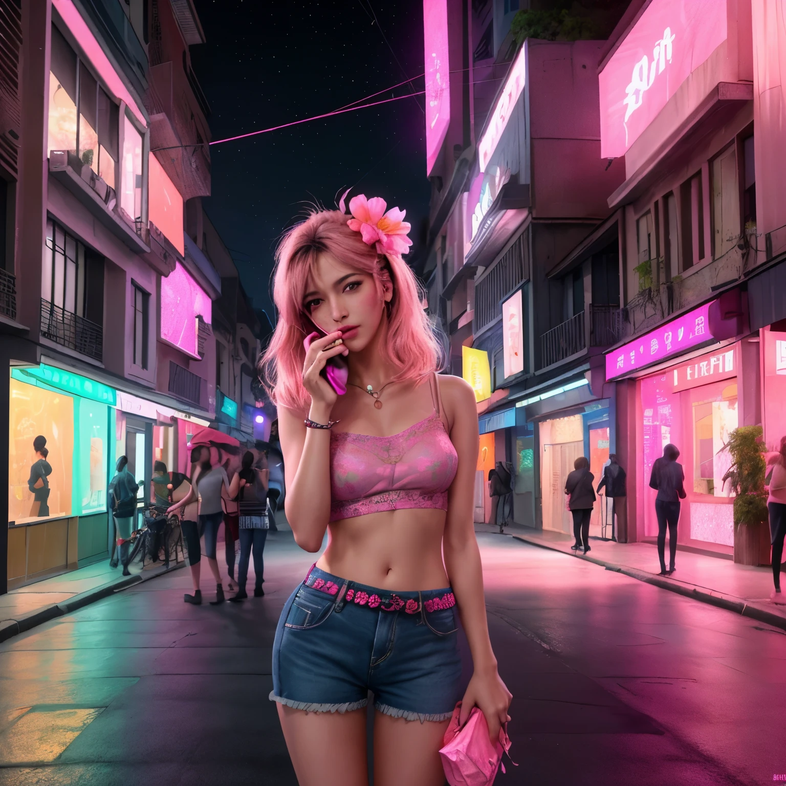 Mulher bonita, Street at night with lights, brincando com smartphone, hot pants, flores rosa perfumadas, transeuntes, gradation of the night scene, detalhes finos, tons sutis, tranquilidade flutuando na tela.