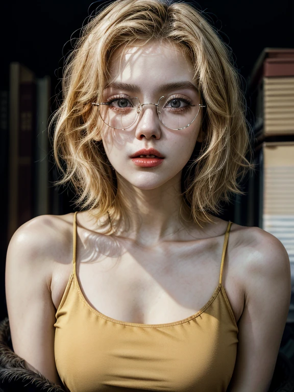 masterpiece,Best quality at best,A high resolution,8K,((Portrait)),1girl,short blonde hair,golden glasses, thick lips,red lips,light open her mouth,black tank top,leather jacket,upper body,big breast