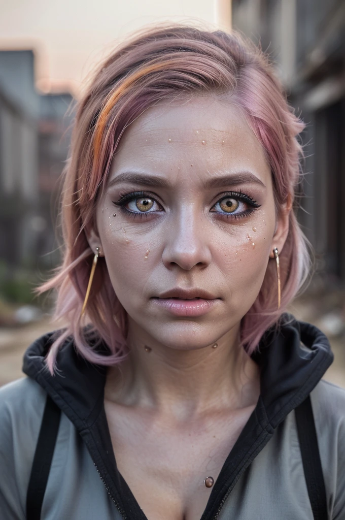 ((Best quality, 8k, Masterpiece: 1.3, realistic)), ((5120x1440)), Sharp focus: 1.2, 30 year old woman, ((Pink hair with orange/blue highlights)), Zombie apocalypse , Pistol holster strapped to leg, Assault rifle M4 on back, Machete in left hand, Desert Eagle Pistol in Right hand, Cargo pants, Hoodie, BodyArmor, backdrop of city burning, Looking at viewer, Dark and gloomy day, raining, sunset, depth of field, (special attention to skin detail: 1.2), Detailed leather texture, skin pores. Smoky atomsphere, (pale skin), (Ultra detailed face and eyes:1.3), Adult, ((Eye makeup, pink mascara)), ((large detailed lips)) (((ultra realistic))), masterpiece, Small nose, Sharp focus: 1.2, Multiple Ear Piercings, right side stud nose piercing, big cleavage, plain skin, ((very detailed eyes, very detailed iris)), Taken with, Canon EOS 4000D DSLR Hyperrealistic, photography, skin pores, subsurface scattering, radiant light rays, high resolution, detailed facial features, high detail, sharp focus, soft, aesthetic, very detailed, spooky atmosphere, Adult, looking at viewer, smoke in sky, Burning, depth of field,