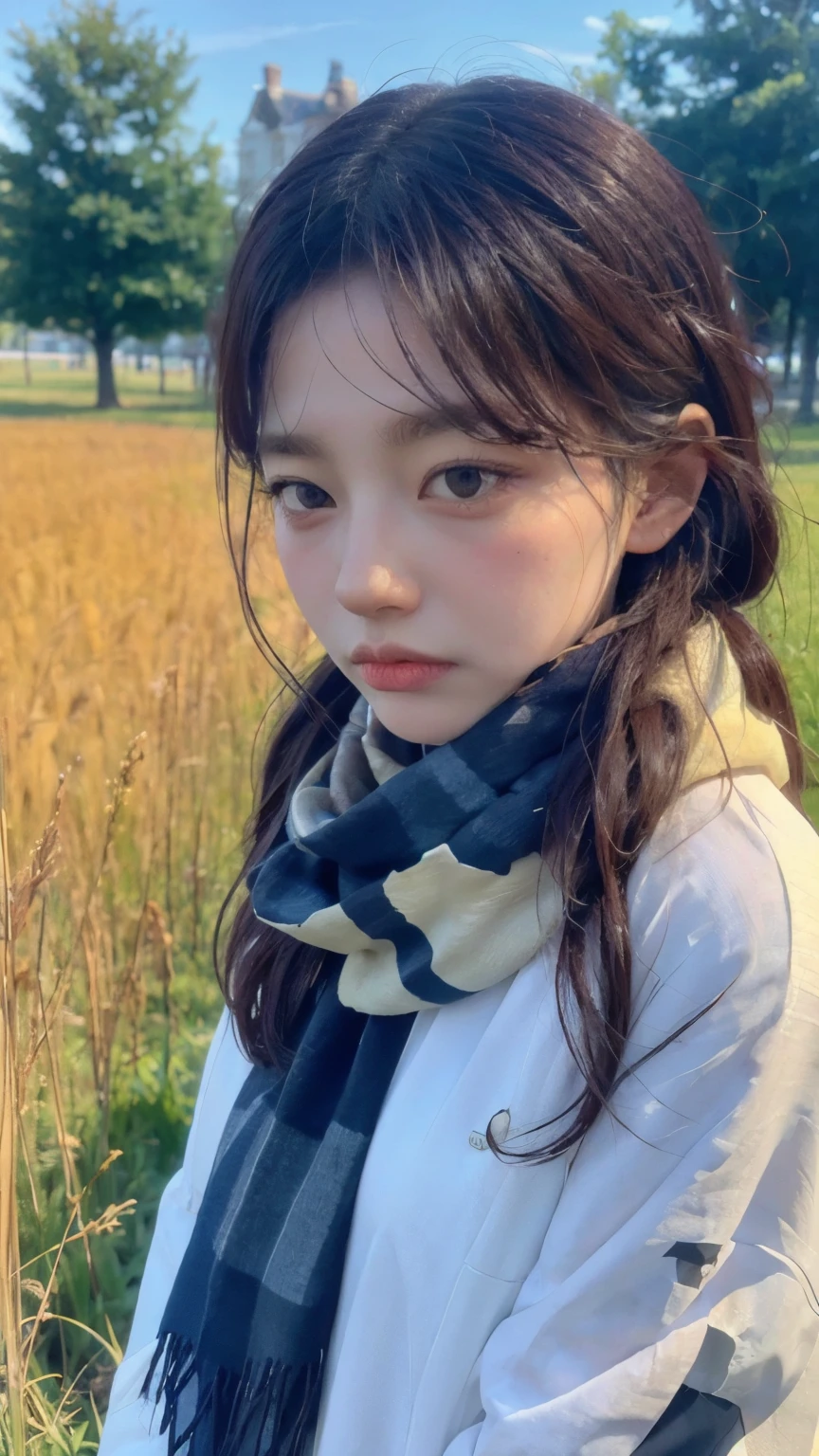 8k, best quality, masterpiece, realistic, ultra detail, photo realistic, Increase quality, 
a photo of a girl standing in a field with a scarf, in the style of dark and brooding designer, voluminous mass, photobash, serene faces, jagged edges, navy, natural beauty, close-up shot
