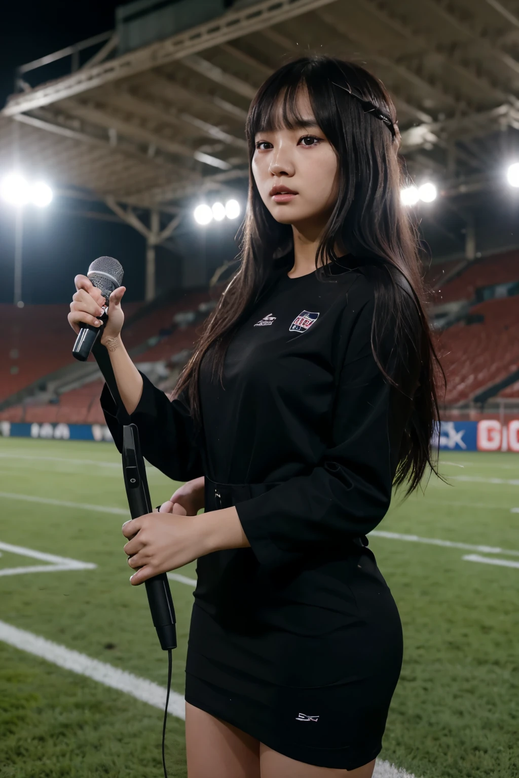  Korean woman being interviewed after a football match, long black hair, eyebags, standing in a football pitch,being interviewed, young face, one piece long black dress , straight fringe hair, straight bangs, talking to the microphone, elegant dress, talking to the microphone that is being pointed towads her, young face, no aging marks