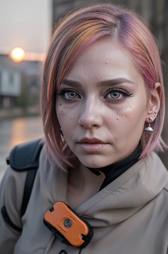 ((Best quality, 8k, Masterpiece: 1.3, realistic)), ((5120x1440)), Sharp focus: 1.2, 30 year old woman, ((Pink hair with orange/blue highlights)), Zombie apocalypse , Pistol holster strapped to leg, Assault rifle M4 on back, Machete in left hand, Desert Eagle Pistol in Right hand, Cargo pants, Hoodie, BodyArmor, backdrop of city burning, Looking at viewer, Dark and gloomy day, raining, sunset, depth of field, (special attention to skin detail: 1.2), Detailed leather texture, skin pores. Smoky atomsphere, (pale skin), ((Eye makeup, pink mascara)), ((large detailed lips)) (((ultra realistic))), masterpiece, Small nose, Sharp focus: 1.2, Multiple Ear Piercings, right side stud nose piercing, big cleavage, plain skin, ((very detailed eyes, very detailed iris)), Taken with, Canon EOS 4000D DSLR Hyperrealistic, photography, skin pores, subsurface scattering, radiant light rays, high resolution, detailed facial features, high detail, sharp focus, soft, aesthetic, very detailed, spooky atmosphere, Adult, looking at viewer, smoke in sky, Burning, depth of field,