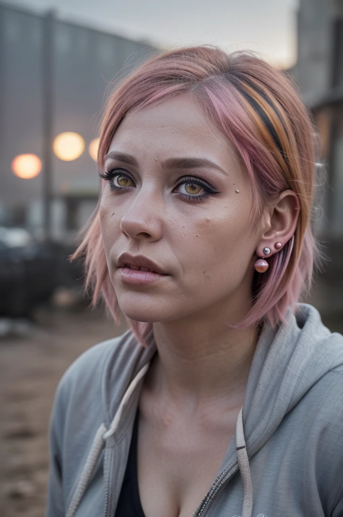 ((Best quality, 8k, Masterpiece: 1.3, realistic)), ((5120x1440)), Sharp focus: 1.2, 30 year old woman, ((Pink hair with orange/blue highlights)), Zombie apocalypse , Pistol holster strapped to leg, Assault rifle M4 on back, Machete in left hand, Desert Eagle Pistol in Right hand, Cargo pants, Hoodie, BodyArmor, backdrop of city burning, Looking at viewer, Dark and gloomy day, raining, sunset, depth of field, (special attention to skin detail: 1.2), Detailed leather texture, skin pores. Smoky atomsphere, (pale skin), ((Eye makeup, pink mascara)), ((large detailed lips)) (((ultra realistic))), masterpiece, Small nose, Sharp focus: 1.2, Multiple Ear Piercings, right side stud nose piercing, big cleavage, plain skin, ((very detailed eyes, very detailed iris)), Taken with, Canon EOS 4000D DSLR Hyperrealistic, photography, skin pores, subsurface scattering, radiant light rays, high resolution, detailed facial features, high detail, sharp focus, soft, aesthetic, very detailed, spooky atmosphere, Adult, looking at viewer, smoke in sky, Burning, depth of field,