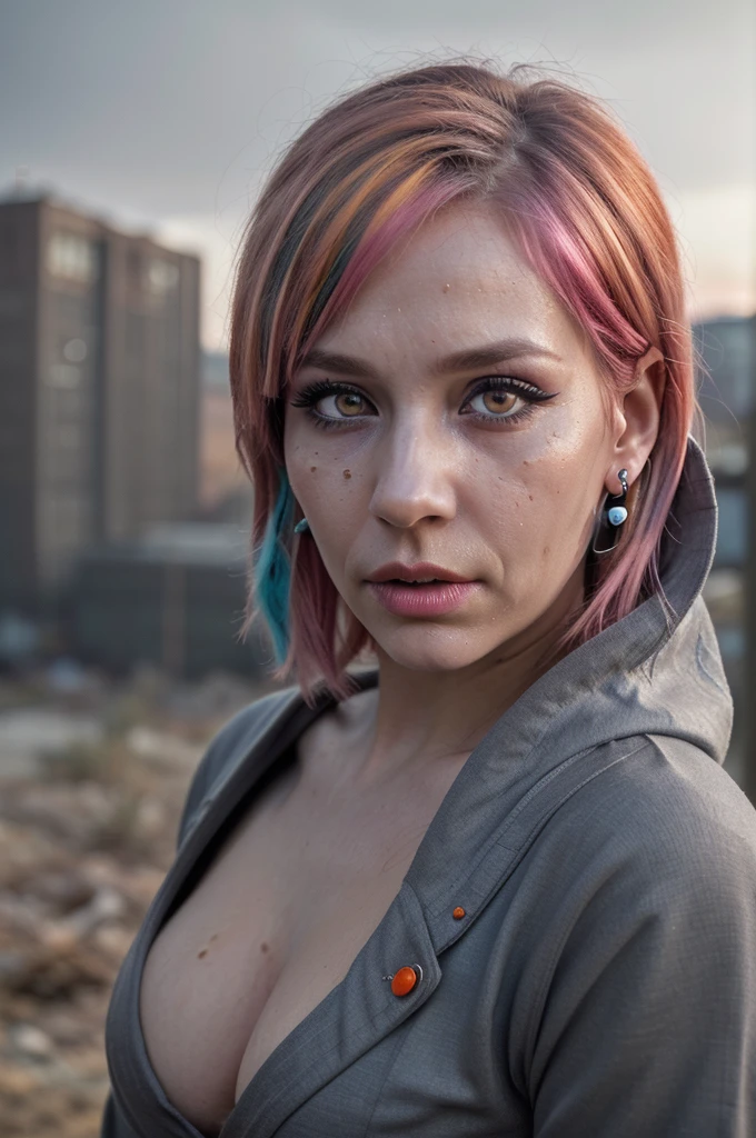 ((Best quality, 8k, Masterpiece: 1.3, realistic)), ((5120x1440)), Sharp focus: 1.2, 30 year old woman, ((Pink hair with orange/blue highlights)), Zombie apocalypse , Pistol holster strapped to leg, Assault rifle M4 on back, Machete in left hand, Desert Eagle Pistol in Right hand, Cargo pants, Hoodie, BodyArmor, backdrop of city burning, Looking at viewer, Dark and gloomy day, raining, sunset, depth of field, (special attention to skin detail: 1.2), Detailed leather texture, skin pores. Smoky atomsphere, (pale skin), ((Eye makeup, pink mascara)), ((large detailed lips)) (((ultra realistic))), masterpiece, Small nose, Sharp focus: 1.2, Multiple Ear Piercings, right side stud nose piercing, big cleavage, plain skin, ((very detailed eyes, very detailed iris)), Taken with, Canon EOS 4000D DSLR Hyperrealistic, photography, skin pores, subsurface scattering, radiant light rays, high resolution, detailed facial features, high detail, sharp focus, soft, aesthetic, very detailed, spooky atmosphere, Adult, looking at viewer, smoke in sky, Burning, depth of field,