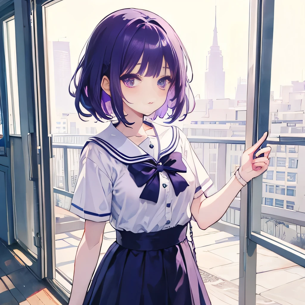 Anime girl, Chanel hair, purple hair, women's school clothes, light purple eyes.