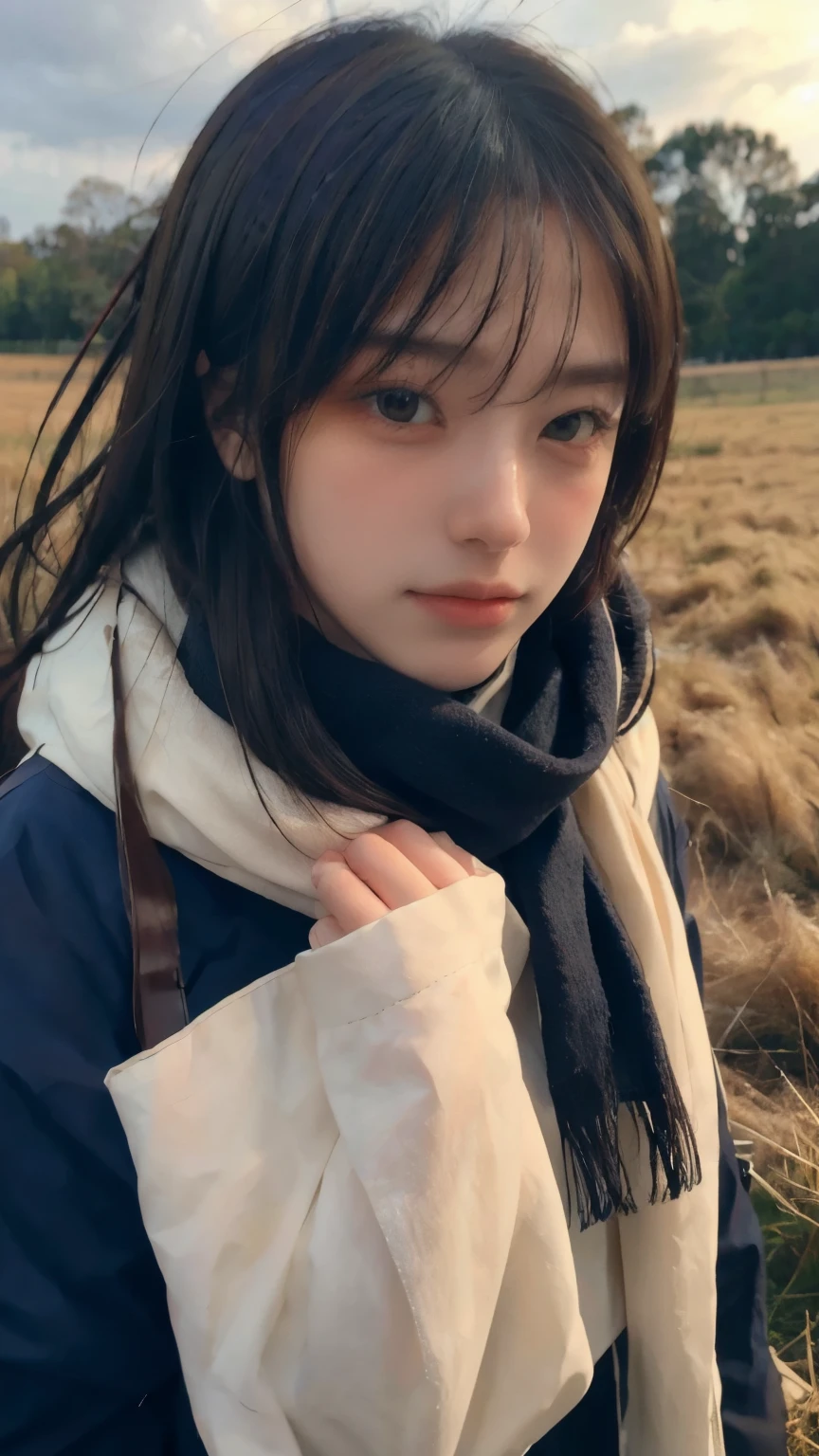 8k, best quality, masterpiece, realistic, ultra detail, photo realistic, Increase quality,
a photo of a girl standing in a field with a scarf, in the style of dark and brooding designer, voluminous mass, photobash, serene faces, jagged edges, navy, natural beauty, close-up shot