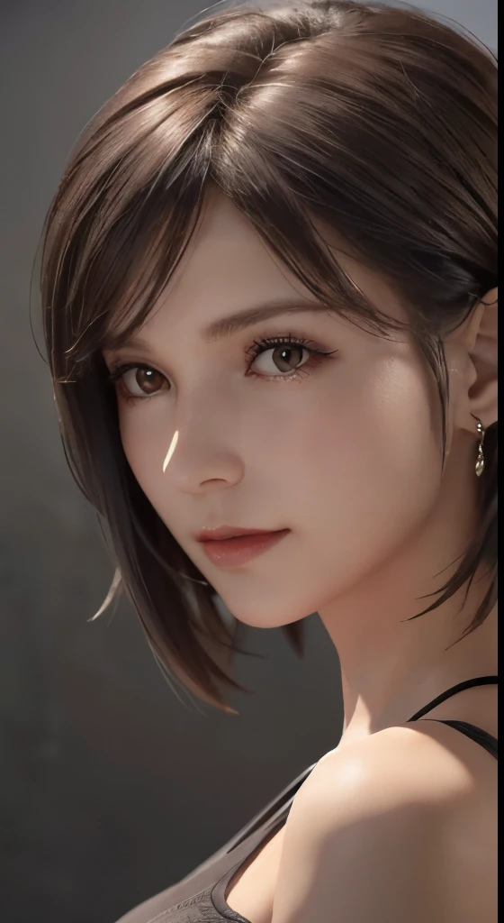 Cinematic Lighting、perfect、Soft Light、High resolution skin:1.2、Realistic skin texture、30 year old mature woman、Small face、No makeup、Bust B cup、、Beautiful small brown eyes、short hair、Dark Brown Hair、Cool Beauty、Gray background