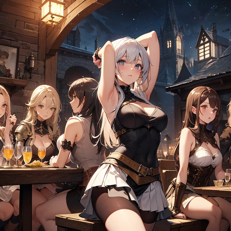 A group of female medieval fantasy adventurers, (in tavern), various hair styles, harem, night, details face, short skirt, seducing, sleeveless, armor, armpits