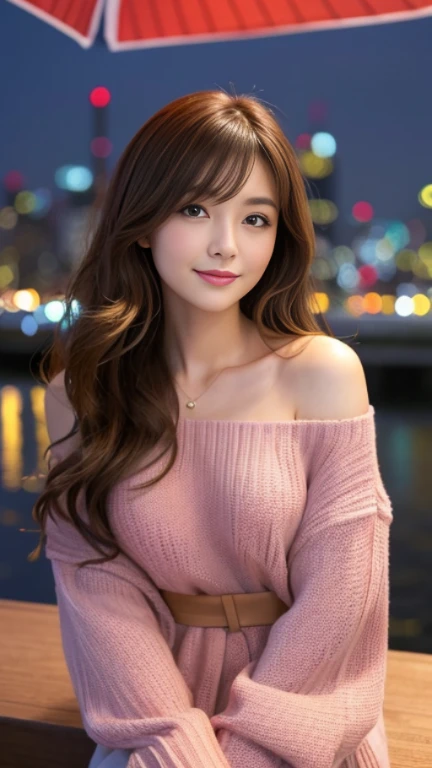 highest quality,masterpiece,超A high resolution,RAW Photos,One Girl,Loose perm hair、length、brown hair、Arms crossed、Japanese、Loose perm hair、length、brown hair、smile、Arms crossed、Professional photography、Same skin type as humans、A woman dressed in Japan from head to toe、Blur the background、Anatomical accuracy、Very detailed and beautiful、Ultra HD、length、Her hair is flowing and sexy、Very detailed beautiful girl、Shoulder-length hair、sweater、Night City、City night view