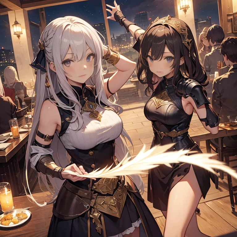 A group of female medieval fantasy adventurers, (in tavern), various hair styles, harem, night, details face, short skirt, seducing, sleeveless, armor, armpits