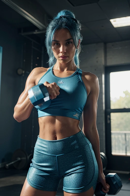 (Best quality, Highres, Ultra-detailed: 1.1)
A radiant woman with Sky blue hair cascading down her shoulders is captured mid-workout, her expression a blend of determination and satisfaction. She is clad in a fitted black sports bra, its intricate details and moisture-wicking fabric on full display. The sports bra is paired with coordinating dark blue shorts, their seamless design accentuating her toned physique. Sweat glistens on her skin, highlighting the definition of her muscles as she holds a blue dumbbell in each hand. The scene exudes a raw and authentic energy, the essence of a dedicated workout routine. (s