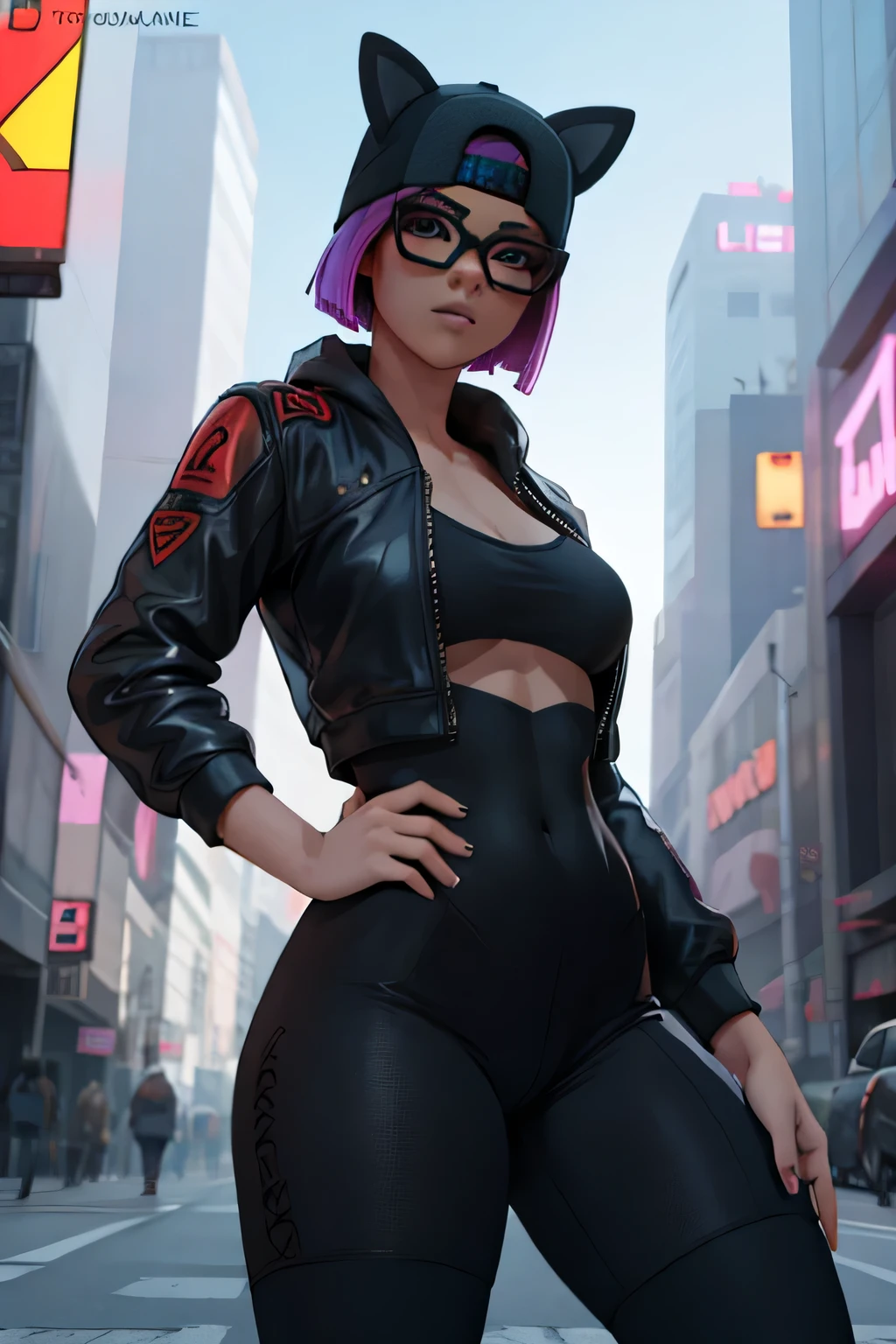Traje de lince cyberpunk, gorra, leggins negro con Azul Marino, chaqueta negra ,Extremadamente detallado, rostro detallado, gafas ,hermoso rostro, ojos finos, mirando al espectador, pose heroico, Noche 