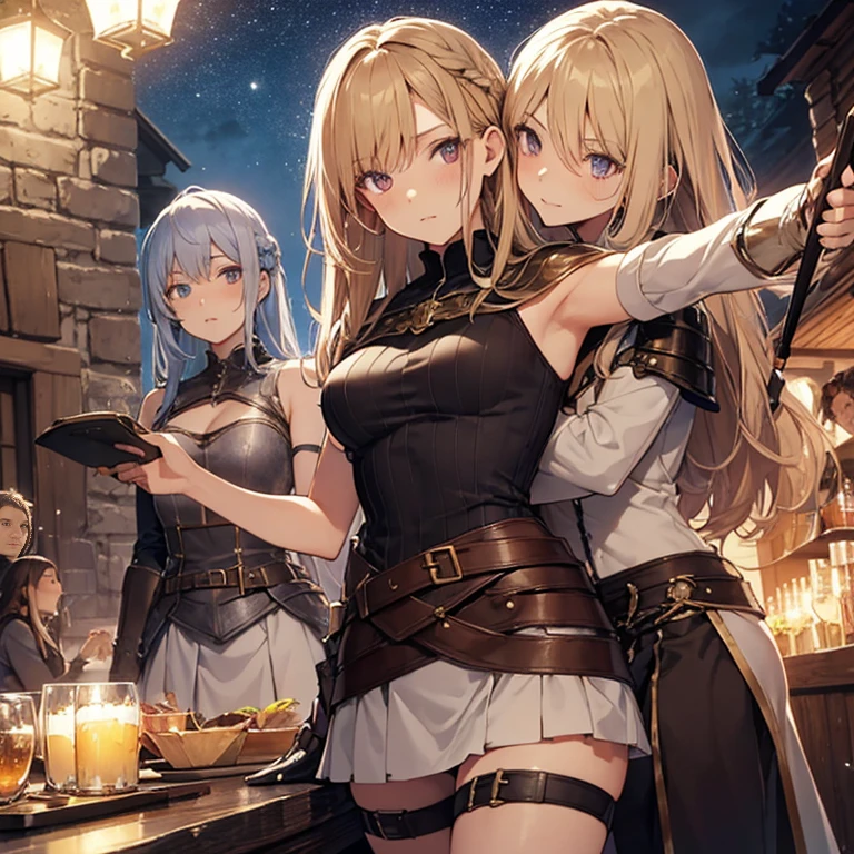 A group of female medieval fantasy adventurers, (in tavern), various hair styles, harem, night, details face, short skirt, seducing, sleeveless, armor, armpits