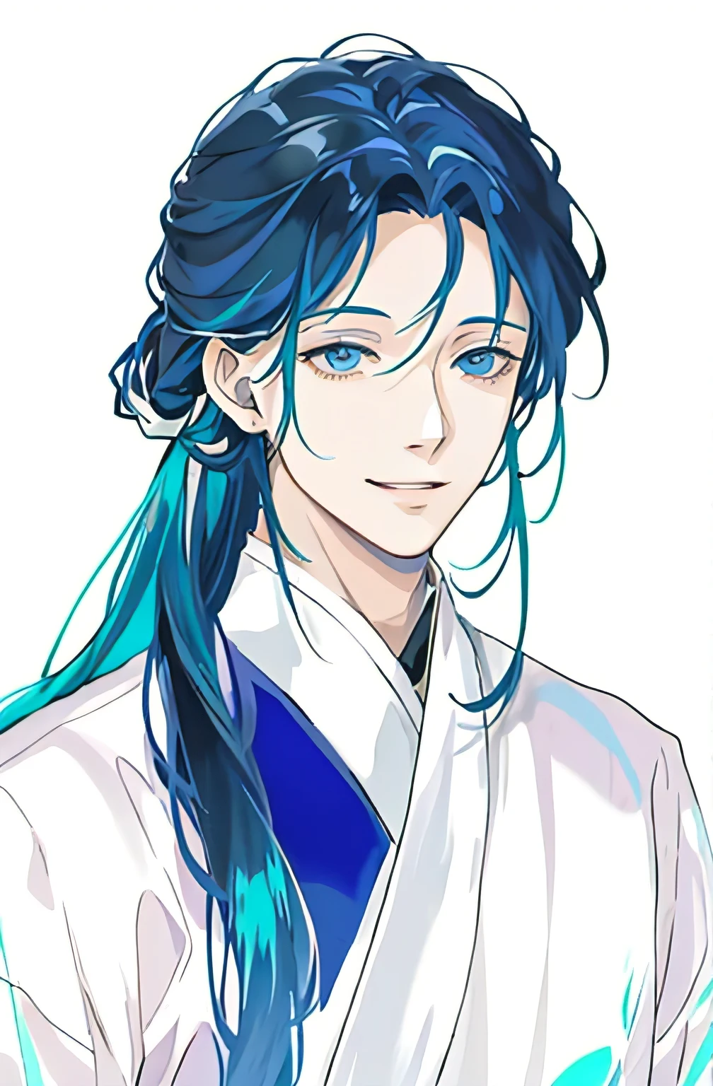 Anime girl with long hair and white shirt looking at camera, Flowing hair and long robes, Handsome men from Demon Slayer, Beautiful androgynous prince, Taisho Roman, A delicate androgynous prince, Anime handsome guy, Anime portrait of a handsome man, koyoharu gotouge, male Anime characters, Anime characters, masamune shiro,((smile))