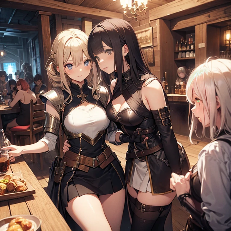 A group of female medieval fantasy adventurers, (in tavern), various hair styles, harem, night, details face, short skirt, seducing, sleeveless, armor