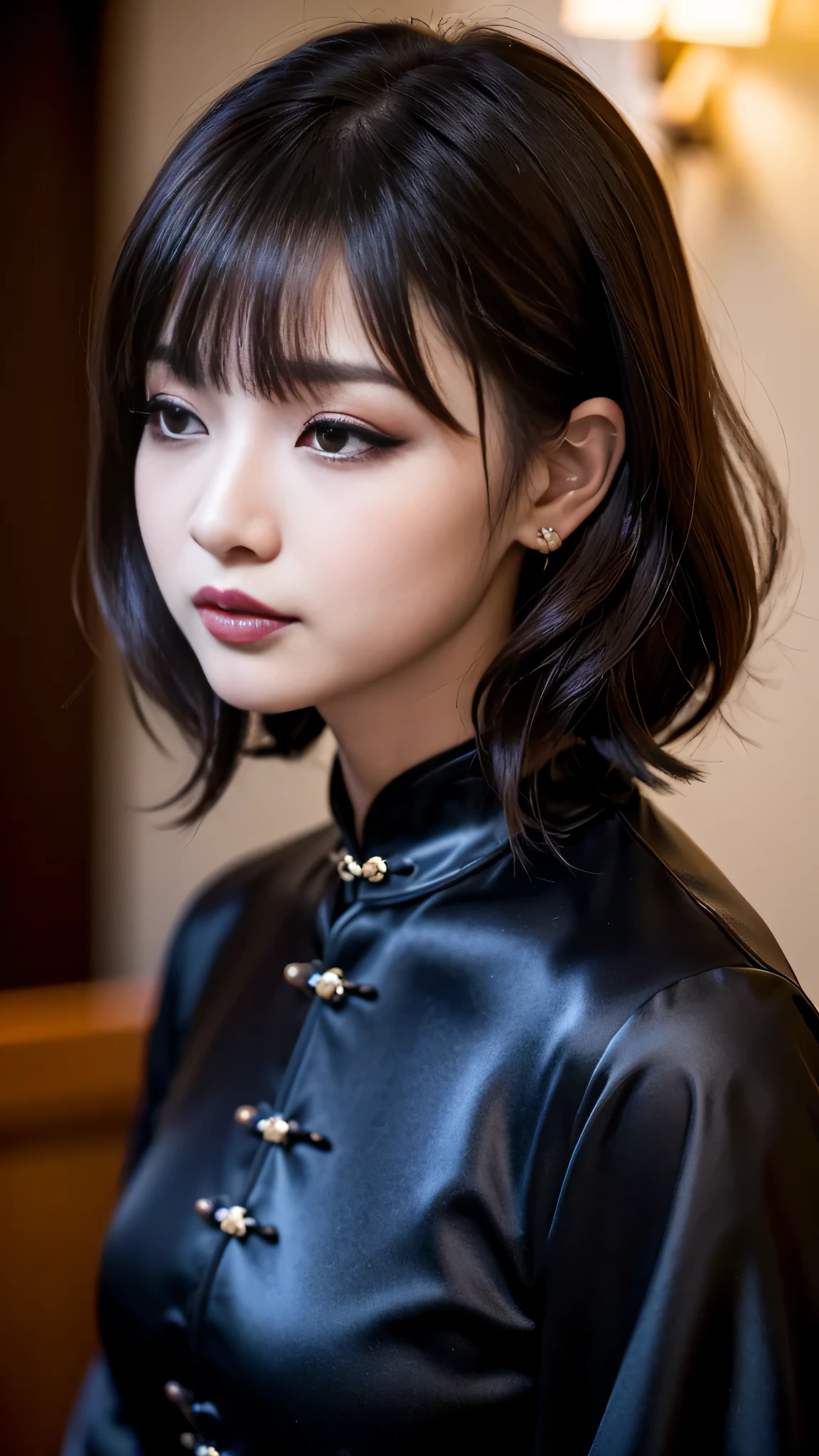 tra-detailed、Japanese、Seductive beauty、seductive adult woman、Pretty Woman、Obscene lines、Coat of arms、cool girl、brown hair、wavy hair、swept bangs、piercing eyes、hollow eyes、half-closed eyes、Hollow Eyes、Purple Eyeshadow、black lipstick、black lip gloss、dark makeup、smirk、Whisper in my ear、Evil expression、Long Black Cheongsam、Black wide sleeves、Evil cadres、Fallen into evil、brainwash、mind control、evil、Church at night、