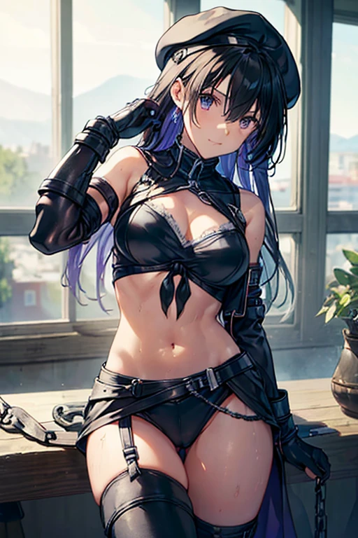 (Thynasha:1.2),dark blue hair,very long hair, purple eyes,(beautiful detailed eyes:1.0), extremely detailed face, perfect lighting, hair between eyes,bangs, (black beret, black jacket, open clothes, cleavage, midriff, black medium skirts,  black thighhighs, thigh strap, fingerless gloves, single glove:1.2), Photo,sharpness, F1.6 lens,hyper-realistic textures,spectacular light textures, Cinestil 800 Fashion Mechanics,(((Beautiful woman with left leg restrained by chains))),Appearance,Beautiful girl with accentuated slender abs: 1.1,six-pack abs: 1.1, Bust Botox,Standing on tiptoe, long legs,Long brown hair fluttering in the wind,Brown hair, Long hair, Female Warrior Costume,(No panties,No bra),(tacticul battle fashion,elbow and knee tacticul battle fashion, battle glove: 1.1),((cute batre costume)),The belly comes out and the navel is visible,Thin sheer costume, combat gloves,shredded costumes,cyber long combat boots with golden knee pads,Anatomical,(futuristic sci-fi battle fashion, new elbow and knee cyberpads, new cyberlong boots, new cybergloves: 1.1),(tied perfectly by iron chain:1.3), Restraint, Slave, collars, contempt, (Chained), 4 chains hung from heaven, Metallic shackles and fetters, wet crotch clearly visible,((Hands are restrained above the head)), the neck is chained,Chain from left knee to heaven,Chained by rusty iron chains,((the tip is protruding, areolas protruding,The shape of the pubic harearea is clearly visible:0.9)),Sweating,Wet,Wet crotch,Wet thighs,Junkyard, Realistic, (cute, perfect clothes, skimpy clothes, cute: 1.3) ,Vast miritary base in us,((wide mirtary hospital with summer sunlight)), peeling ceilings, Rebar between, Realistic material details, Extreme details, Ultra-realistic materials,narrow waist,(with sparkling eyes and a contagious smile:0.9),looking at viewer,
