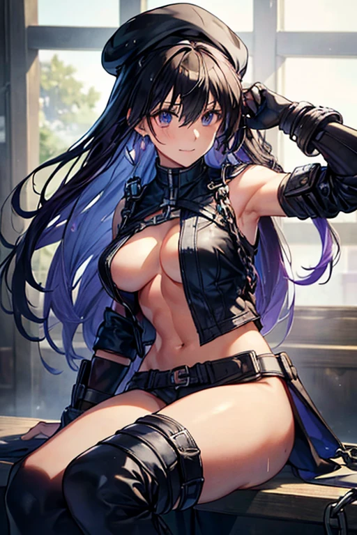 (Thynasha:1.2),dark blue hair,very long hair, purple eyes,(beautiful detailed eyes:1.0), extremely detailed face, perfect lighting, hair between eyes,bangs, (black beret, black jacket, open clothes, cleavage, midriff, black medium skirts,  black thighhighs, thigh strap, fingerless gloves, single glove:1.2), Photo,sharpness, F1.6 lens,hyper-realistic textures,spectacular light textures, Cinestil 800 Fashion Mechanics,(((Beautiful woman with left leg restrained by chains))),Appearance,Beautiful girl with accentuated slender abs: 1.1,six-pack abs: 1.1, Bust Botox,Standing on tiptoe, long legs,Long brown hair fluttering in the wind,Brown hair, Long hair, Female Warrior Costume,(No panties,No bra),(tacticul battle fashion,elbow and knee tacticul battle fashion, battle glove: 1.1),((cute batre costume)),The belly comes out and the navel is visible,Thin sheer costume, combat gloves,shredded costumes,cyber long combat boots with golden knee pads,Anatomical,(futuristic sci-fi battle fashion, new elbow and knee cyberpads, new cyberlong boots, new cybergloves: 1.1),(tied perfectly by iron chain:1.3), Restraint, Slave, collars, contempt, (Chained), 4 chains hung from heaven, Metallic shackles and fetters, wet crotch clearly visible,((Hands are restrained above the head)), the neck is chained,Chain from left knee to heaven,Chained by rusty iron chains,((the tip is protruding, areolas protruding,The shape of the pubic harearea is clearly visible:0.9)),Sweating,Wet,Wet crotch,Wet thighs,Junkyard, Realistic, (cute, perfect clothes, skimpy clothes, cute: 1.3) ,Vast miritary base in us,((wide mirtary hospital with summer sunlight)), peeling ceilings, Rebar between, Realistic material details, Extreme details, Ultra-realistic materials,narrow waist,(with sparkling eyes and a contagious smile:0.9),looking at viewer,
