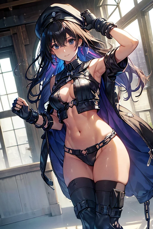 (Thynasha:1.2),dark blue hair,very long hair, purple eyes,(beautiful detailed eyes:1.0), extremely detailed face, perfect lighting, hair between eyes,bangs, (black beret, black jacket, open clothes, cleavage, midriff, black medium skirts,  black thighhighs, thigh strap, fingerless gloves, single glove:1.2), Photo,sharpness, F1.6 lens,hyper-realistic textures,spectacular light textures, Cinestil 800 Fashion Mechanics,(((Beautiful woman with left leg restrained by chains))),Appearance,Beautiful girl with accentuated slender abs: 1.1,six-pack abs: 1.1, Bust Botox,Standing on tiptoe, long legs,Long brown hair fluttering in the wind,Brown hair, Long hair, Female Warrior Costume,(No panties,No bra),(tacticul battle fashion,elbow and knee tacticul battle fashion, battle glove: 1.1),((cute batre costume)),The belly comes out and the navel is visible,Thin sheer costume, combat gloves,shredded costumes,cyber long combat boots with golden knee pads,Anatomical,(futuristic sci-fi battle fashion, new elbow and knee cyberpads, new cyberlong boots, new cybergloves: 1.1),(tied perfectly by iron chain:1.3), Restraint, Slave, collars, contempt, (Chained), 4 chains hung from heaven, Metallic shackles and fetters, wet crotch clearly visible,((Hands are restrained above the head)), the neck is chained,Chain from left knee to heaven,Chained by rusty iron chains,((the tip is protruding, areolas protruding,The shape of the pubic harearea is clearly visible:0.9)),Sweating,Wet,Wet crotch,Wet thighs,Junkyard, Realistic, (cute, perfect clothes, skimpy clothes, cute: 1.3) ,Vast miritary base in us,((wide mirtary hospital with summer sunlight)), peeling ceilings, Rebar between, Realistic material details, Extreme details, Ultra-realistic materials,narrow waist,(with sparkling eyes and a contagious smile:0.9),looking at viewer,
