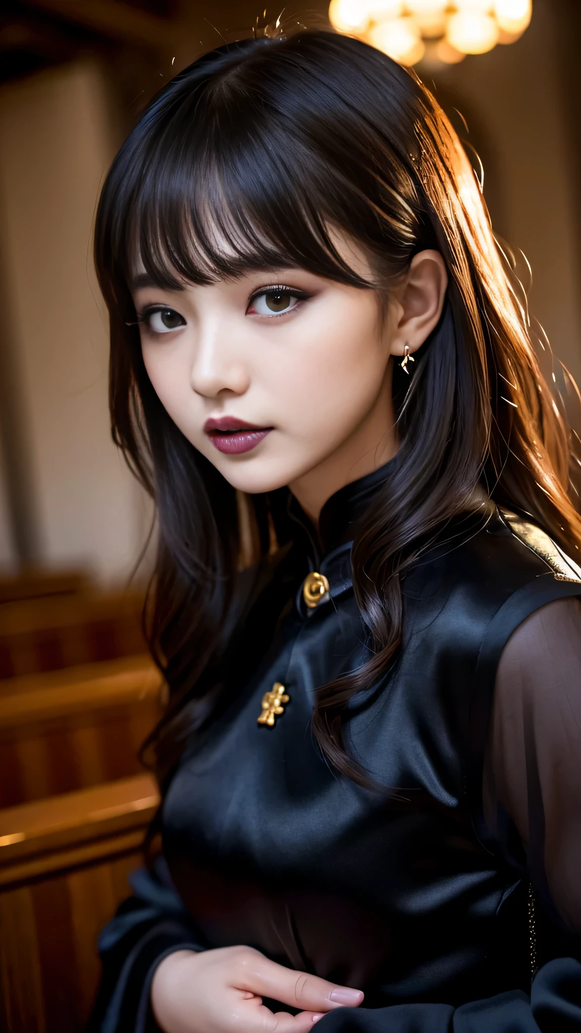 tra-detailed、Japanese、Seductive beauty、seductive adult woman、Pretty Woman、Obscene lines、Coat of arms、cool girl、brown hair、wavy hair、swept bangs、piercing eyes、hollow eyes、half-closed eyes、Hollow Eyes、Purple Eyeshadow、black lipstick、black lip gloss、dark makeup、smirk、Whisper in my ear、Evil expression、Long Black Cheongsam、Black wide sleeves、Evil cadres、Fallen into evil、brainwash、mind control、evil、Church at night、
