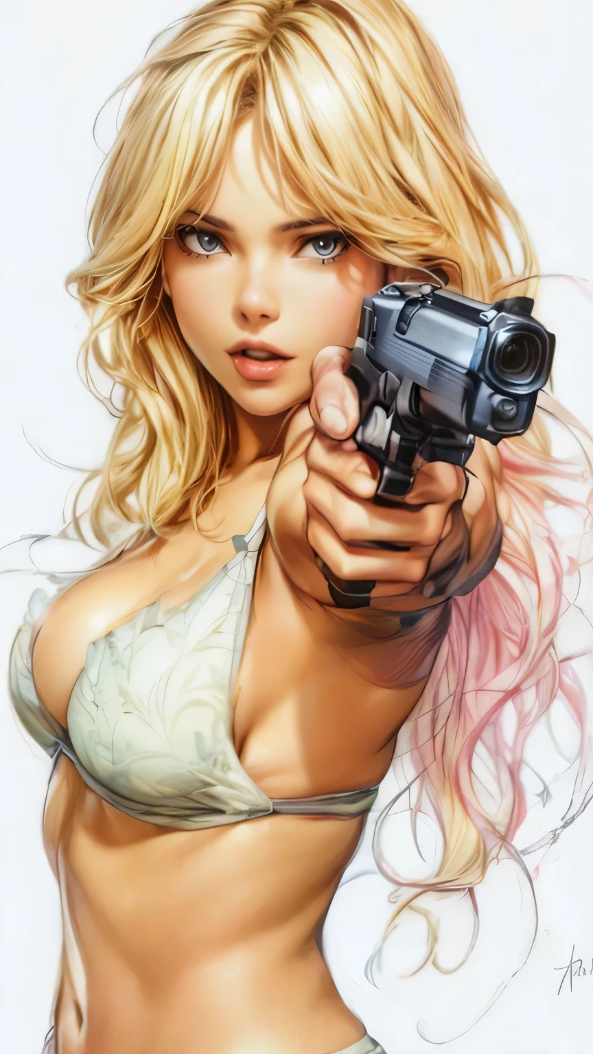 (Best quality,4k,8K,a high resolution,masterpiece:1.2),ultra detailed,(realistic,photorealistic,photo-realistic:1.37), hyperrealistic painting by artgerm and gerald brom, attractive woman, perfect body, hyper-feminine curves, huge breasts, cute and playful pose, bright, Expressive