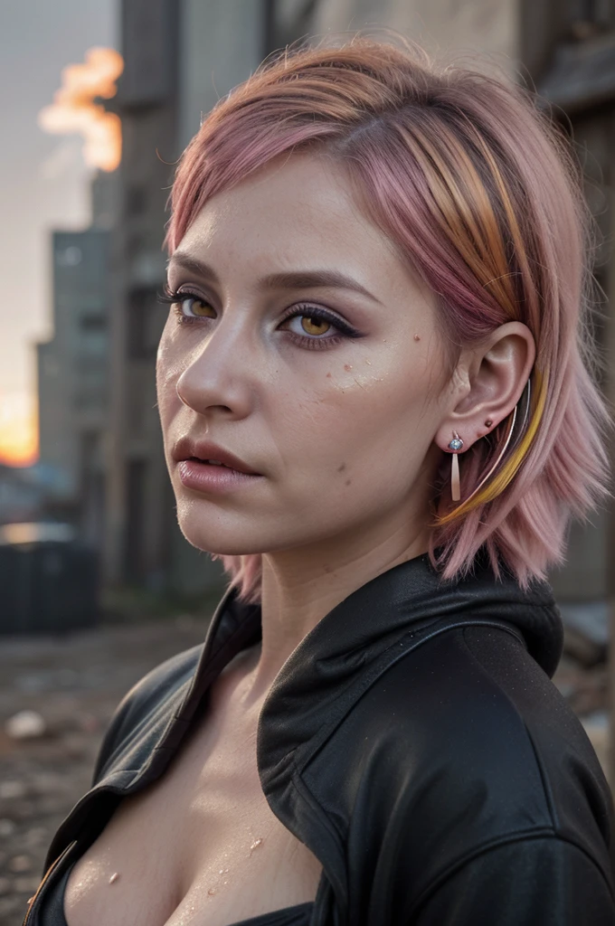 ((Best quality, 8k, Masterpiece: 1.3, realistic)), ((5120x1440)), Sharp focus: 1.2, 30 year old woman, ((Pink hair with orange/blue highlights)), Zombie apocalypse, Pistol holster strapped to leg, Assault rifle M4 on back, Machete in left hand, Desert Eagle Pistol in Right hand, Cargo pants, Hoodie, BodyArmor, backdrop of city burning, Looking at viewer, Dark and gloomy day, raining, sunset, depth of field, (special attention to skin detail: 1.2), Detailed leather texture, skin pores. Smoky atomsphere, (pale skin),  ((Eye makeup, pink mascara)), ((large detailed lips)) (((ultra realistic))), masterpiece, Small nose, Sharp focus: 1.2, Multiple Ear Piercings, right side stud nose piercing, big cleavage, plain skin, Taken with, Canon EOS 4000D DSLR Hyperrealistic, photography, skin pores, subsurface scattering, radiant light rays, high resolution, detailed facial features, high detail, sharp focus, soft, aesthetic, very detailed, spooky atmosphere, Adult, smoke in sky, Burning,