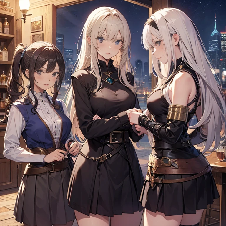 A group of  female medieval fantasy adventurers, (in tavern), various hair styles, harem, night, details face, short skirt, seducing, sleeveless, armor