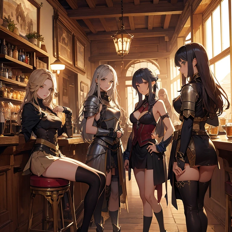 A group of female medieval fantasy adventurers, (in tavern), various hair styles, harem, night, details face, short skirt, seducing, sleeveless, armor