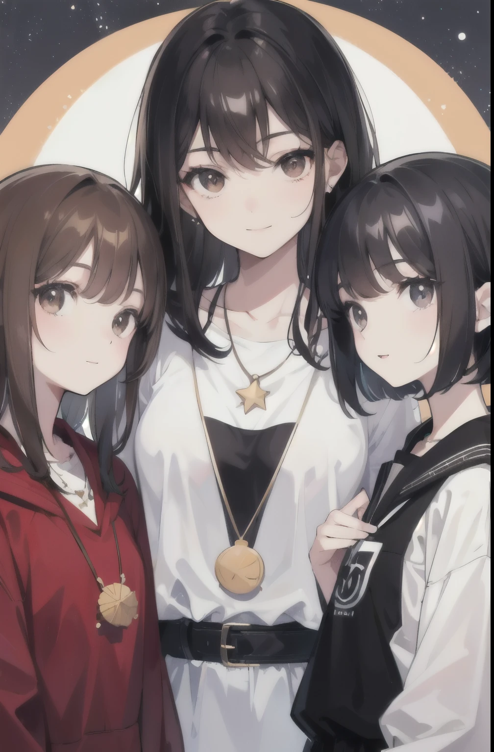 Three fourteen-year-old girls, the first with black hair and bangs and black eyes and wearing a star-shaped necklace, the second with long black hair and brown eyes and wearing a moon-shaped necklace, and the third with long, shiny light brown hair and brown eyes and wearing a sun-shaped necklace and smiling happily.