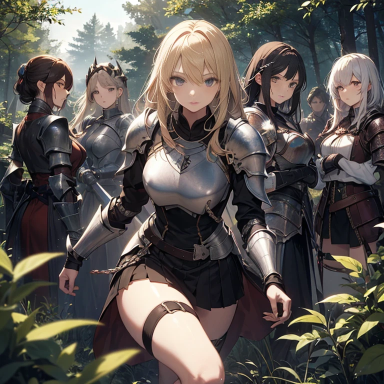 A group of  female knights, (in forest), various hair styles, harem, wearing armored clothes, metal armor, night, details face, short skirt, seducing, sword,