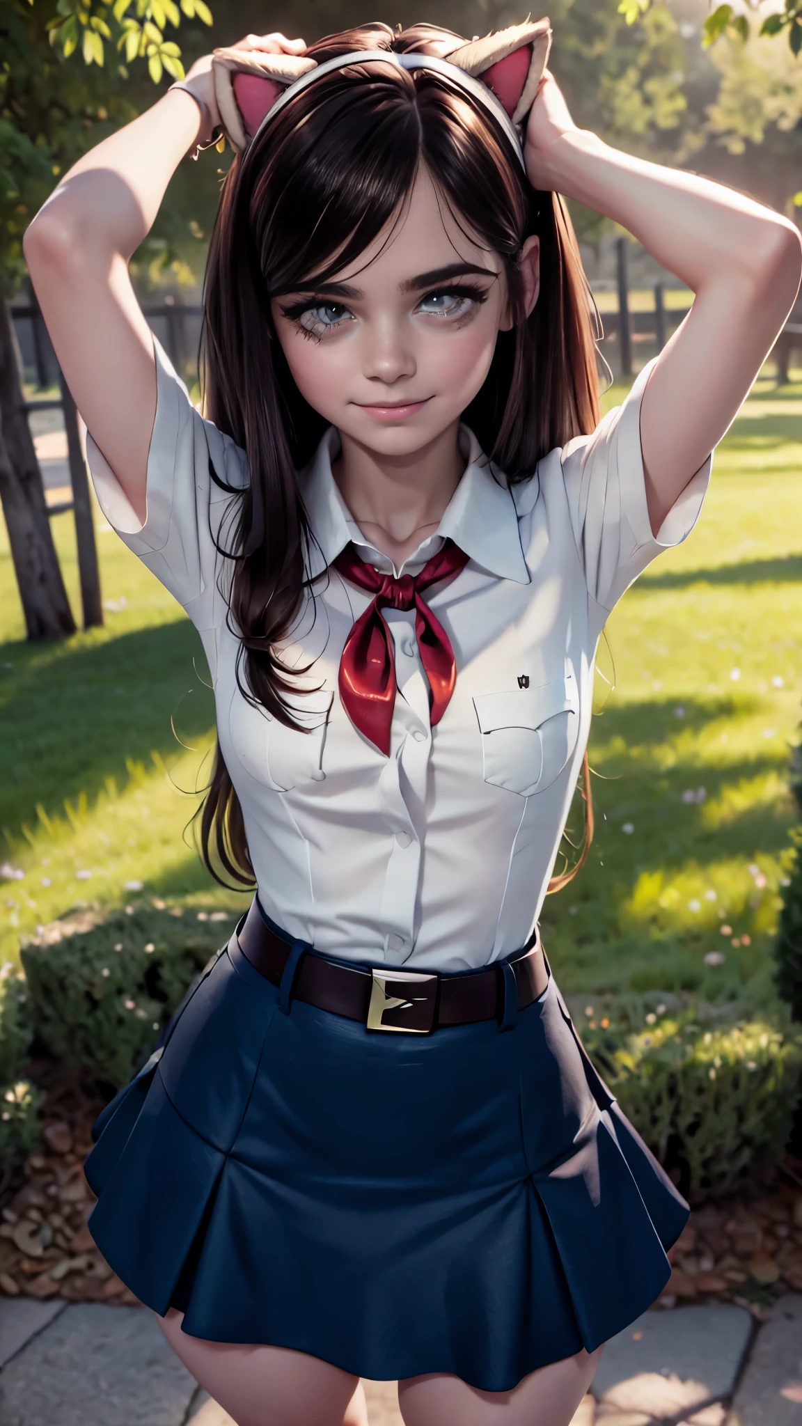 very young slim fit girl, (full body shot:1.2), (rounded face:1.2), very long disheveled dark brown hair, big brown eyes, shy smile, accurate eyebrows, perfect flat breast, band on head with fake cat ears, parororo, pioneer neckerchief, blue thight microskirt, bangs, shirt, collarbone, white shirt, short sleeves, (collared shirt:1.3), belt, eyelashes, (red neckerchief:1.1), breast pocket, accurate small snub nose, ariawm, (lock of hair hangs down between the eyes:1.2)