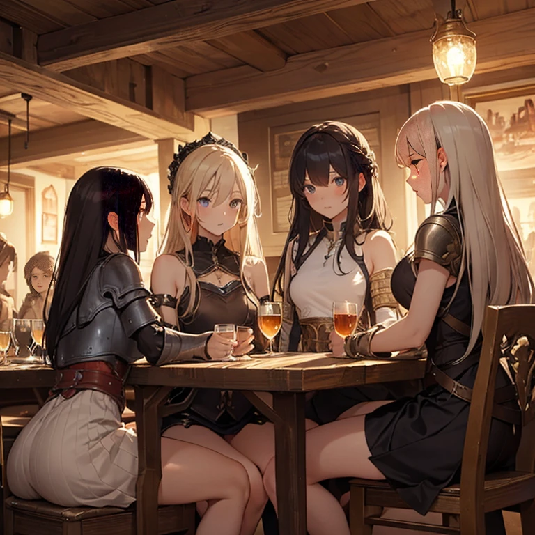 A group of female medieval fantasy adventurers, (in tavern), various hair styles, harem, night, details face, short skirt, seducing, sleeveless, armor