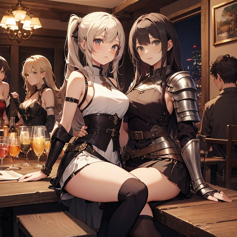 A group of female adventurers set in a medieval fantasy world.3people,Dancer、 (At the pub), Mr..々Hairstyle, Harem, night, detailed aspects, Asheria:1.5, Asheria:1.3, short hair, Bobcut, Very short pleated mini skirt with embroidery pattern, Seduce, Sleeveless, armor 、Shoulder Armor、show off detail race pattern panties:1.3、Big Breasts、Big Ass、Wide waist、Pull up their skirts,Knee socks