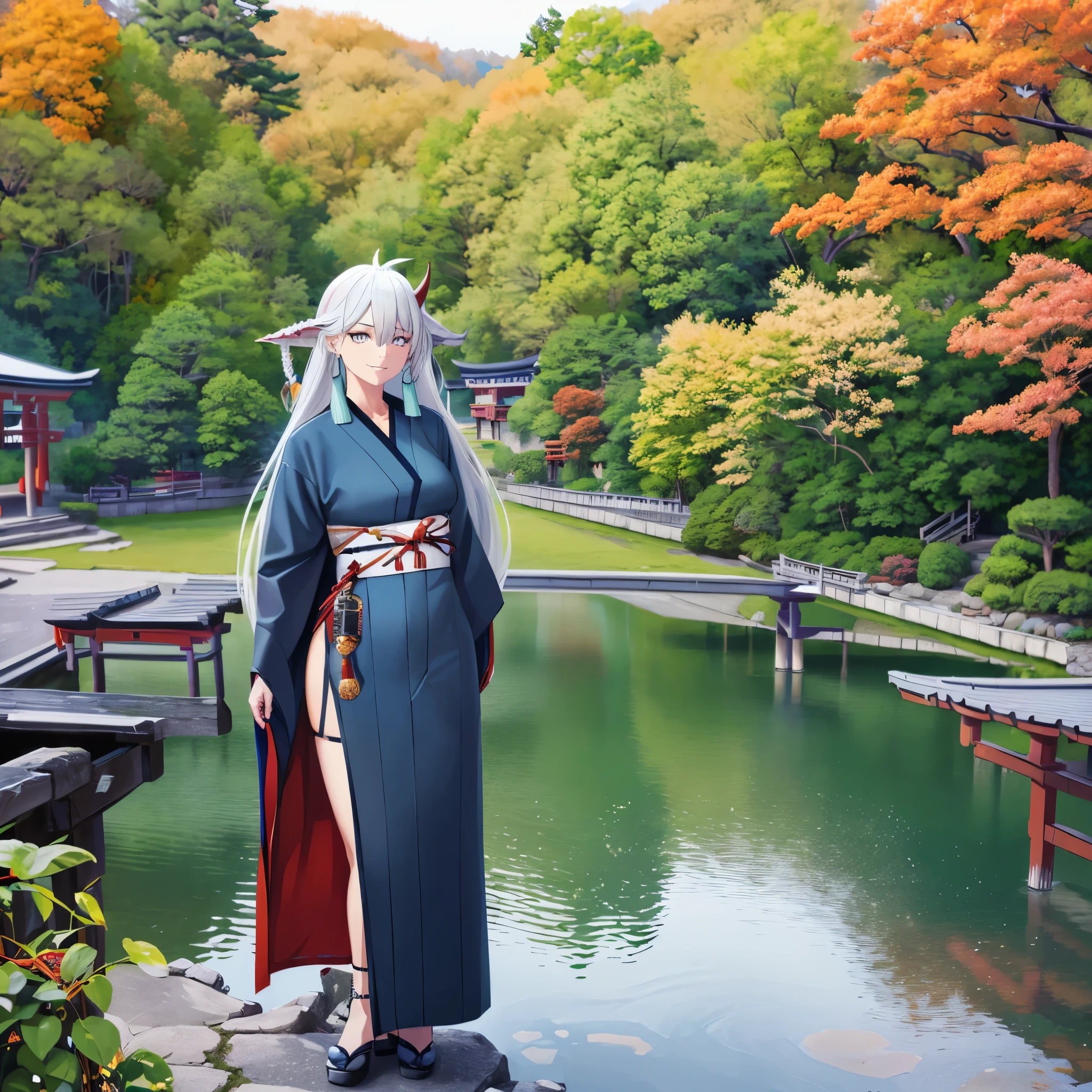 A (((woman in a traditional Japanese blue kimono))), with long, flowing silver hair and striking, mirrored eyes, standing on a ((traditional Japanese bridge)) overlapping with a (autumnal backdrop of trees, leaves, and a Japanese garden below), set against a backdrop of a (concrete road) and a gorgeous, cloudy sky, HDR, ultra resolution, well defined, masterpiece, 8K HD. (solo woman)
