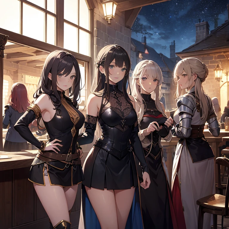 A group of  female medieval fantasy adventurers, (in tavern), various hair styles, harem, night, details face, short skirt, seducing, sleeveless, armor