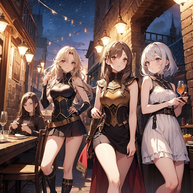 A group of female medieval fantasy adventurers, (in tavern), various hair styles, harem, night, details face, short skirt, seducing, sleeveless, armor