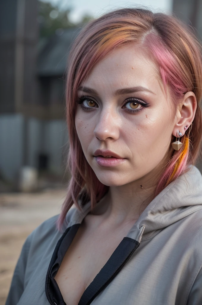 ((Best quality, 8k, Masterpiece: 1.3, realistic)), ((5120x1440)), Sharp focus: 1.2, 30 year old woman, ((Pink hair with orange/blue highlights)), Zombie apocalypse, Pistol holster strapped to leg, Assault rifle M4 on back, Machete in left hand, Desert Eagle Pistol in Right hand, Cargo pants, Hoodie, BodyArmor, backdrop of city burning, Looking at viewer, Dark and gloomy day, raining, sunset, depth of field, (special attention to skin detail: 1.2), Detailed leather texture, skin pores. Smoky atomsphere, (pale skin), ((Eye makeup, pink mascara)), ((large detailed lips)) (((ultra realistic))), masterpiece, Small nose, Sharp focus: 1.2, Multiple Ear Piercings, right side stud nose piercing, big cleavage, plain skin, Taken with, Canon EOS 4000D DSLR Hyperrealistic, photography, skin pores, subsurface scattering, radiant light rays, high resolution, detailed facial features, high detail, sharp focus, soft, aesthetic, very detailed, spooky atmosphere, Adult, smoke in sky, Burning,