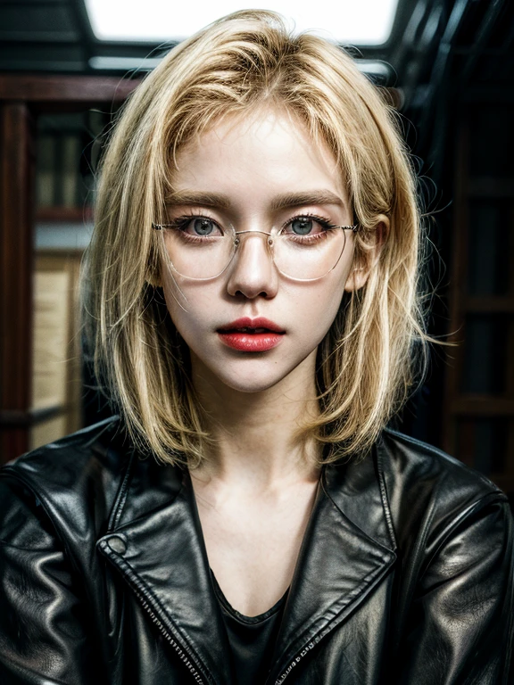 masterpiece，Best quality at best，A high resolution，8K，((Portrait)),1girl,short blonde hair,golden glasses, thick lips,red lips,light open her mouth,black tank top,leather jacket,upper body