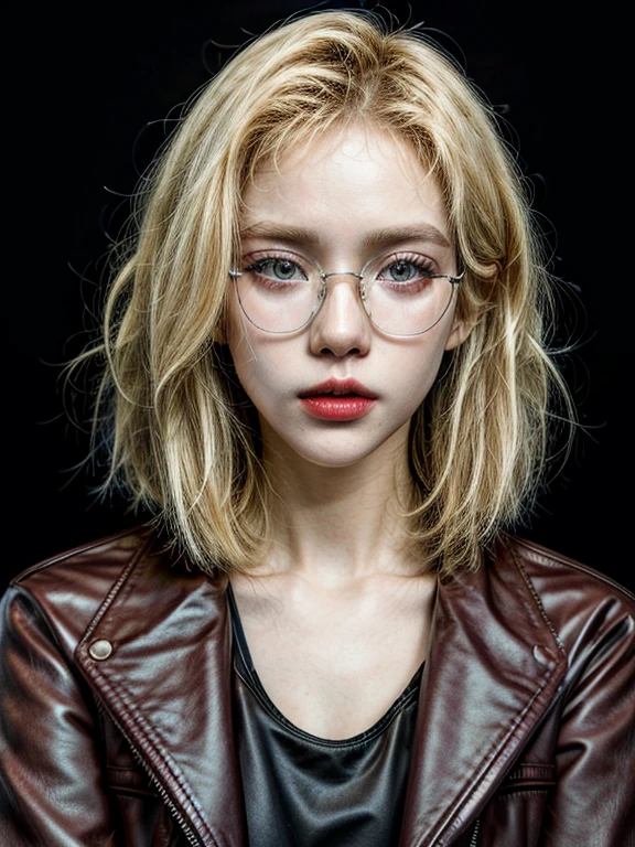 masterpiece，Best quality at best，A high resolution，8K，((Portrait)),1girl,short blonde hair,golden glasses, thick lips,red lips,light open her mouth,black tank top,leather jacket,upper body