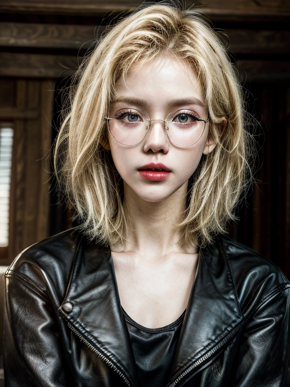 masterpiece，Best quality at best，A high resolution，8K，((Portrait)),1girl,short blonde hair,golden glasses, thick lips,red lips,light open her mouth,black tank top,leather jacket,upper body