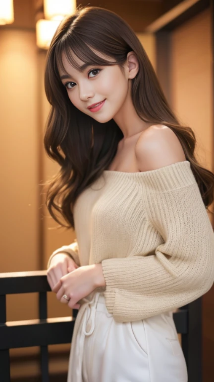 highest quality,masterpiece,超A high resolution,RAW Photos,One Girl,Loose permed hair、length、brown hair、Arms crossed、Japanese、Loose permed hair、length、brown hair、smile、Arms crossed、Professional photography、Same skin type as humans、A woman dressed in Japanese clothing from head to toe、Blur the background、Anatomical accuracy、Very detailed and beautiful、Ultra HD、length、Her hair is flowing and sexy、Very detailed beautiful girl、Shoulder-length hair、sweater、都会のNight view、Night view、White pants style