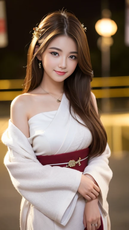highest quality,masterpiece,超A high resolution,RAW Photos,One Girl,Loose permed hair、length、brown hair、Arms crossed、Japanese、Loose permed hair、length、brown hair、smile、Arms crossed、Professional photography、Same skin type as humans、A woman dressed in Japanese clothing from head to toe、Blur the background、Anatomical accuracy、Very detailed and beautiful、Ultra HD、length、Her hair is flowing and sexy、Very detailed beautiful girl、Shoulder-length hair、sweater、都会のNight view、Night view、White pants style