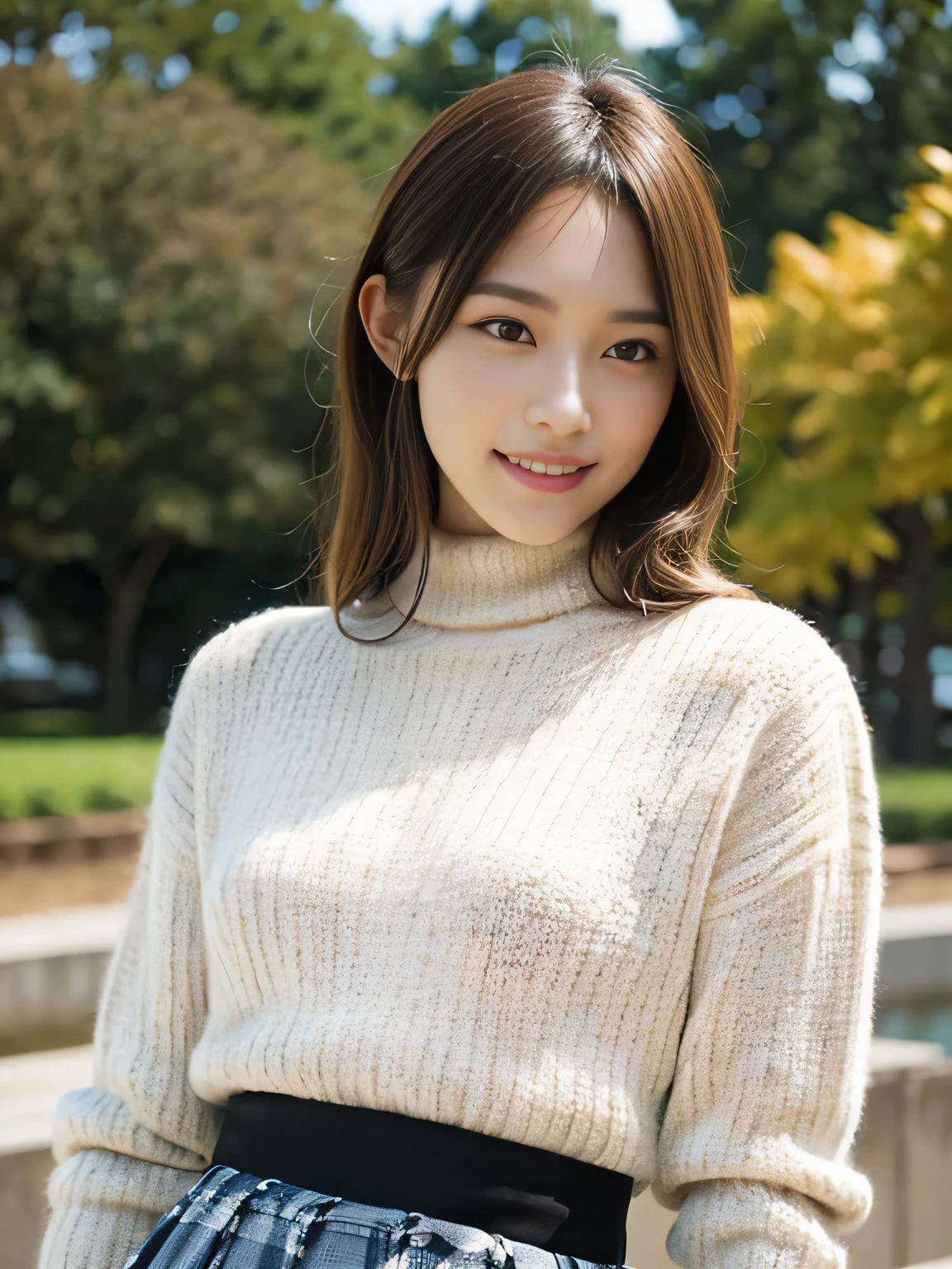 (8KHigh resolution), (highest quality), (RAW Image Quality),(Tabletop:1.2), (Realistic), (Realistic:1.37), Face like goose eggs,Japanese white-eye,Long eyelashes,Exquisite（Live-action Realistic style）,((Cowboy Shot:1.4))、The ultimate face,Realistic light and shadow,Distinct facial features,Milky skin,Fair skin, Skin with attention to detail,Realistic skin details,Visible pores,（Very detailed）,Hair length is random, （flowing hair）,Take the best portraits,shooting from close range,Very detailed, One girl, cute,Fine and beautiful eyes, Beautiful and detailed nose, Very detailedな肌,whole body ,(eye contact),(Small breasts)、((Flat Chest:1.4))、(Beautiful face with double eyelids),((whole body image)), (realism: 1.4),High resolution, Great details, ultra High resolution, (Show the audience your best smile), , Favorite Details, High condensation,Delicate and beautiful face,,20-year-old,(beautiful face 1.4),thin, ((High-neck long knit sweater:1.4))、(Checkered Pleated Skirt:1.2),((Do not slip the hem of the sweater inside the skirt、Long sleeve:1.2)),((Autumnal scenery)),Photographed in the city,(This is a whole body shot.),Sweater color is random,Skirt color is random