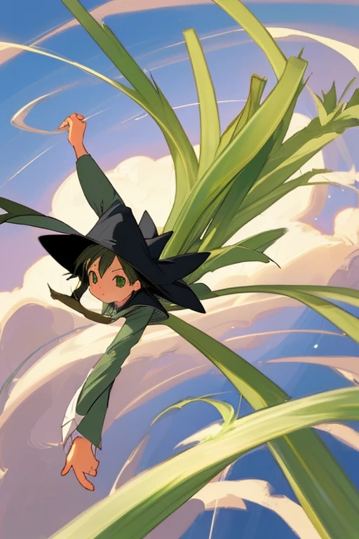 draw A girl flying through the sky astride a leek like a witch