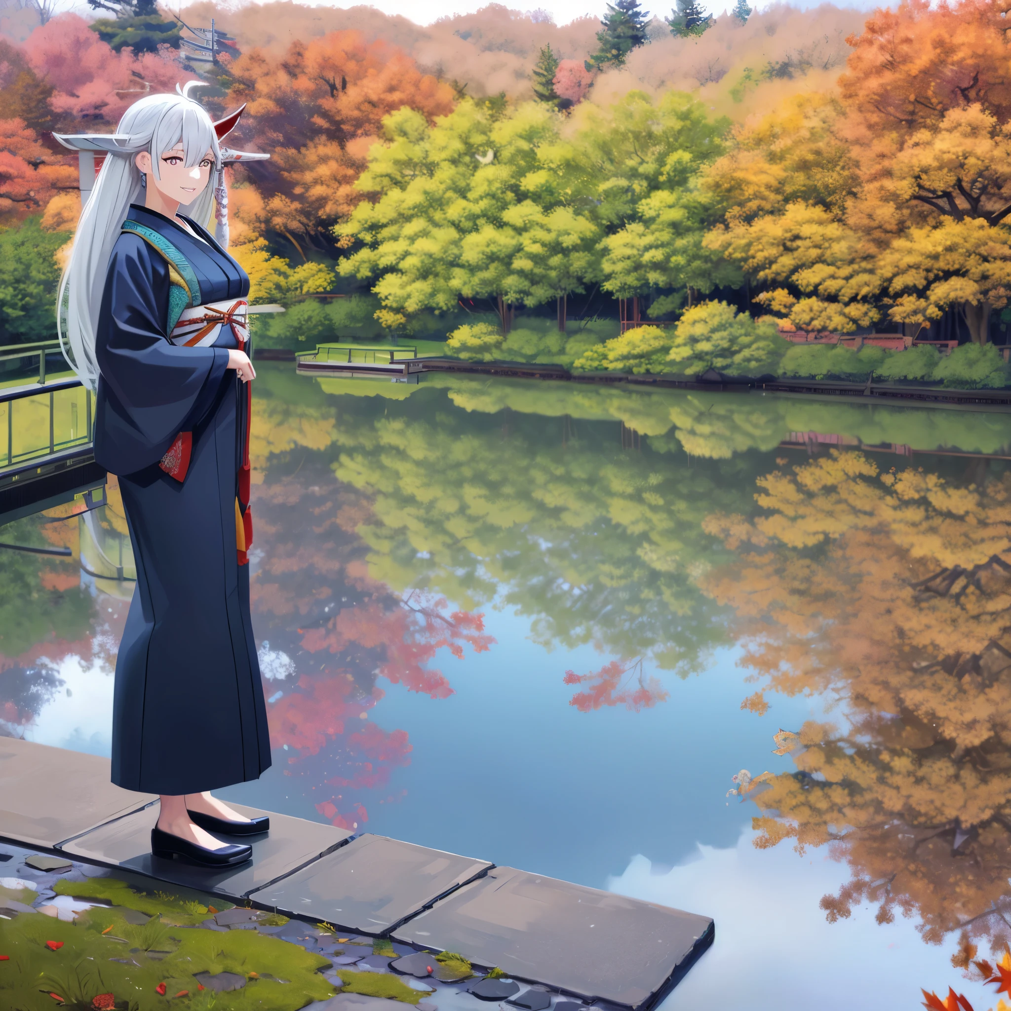 A (((woman in a traditional Japanese blue kimono))), with long, flowing silver hair and striking, mirrored eyes, standing on a ((traditional Japanese bridge)) overlapping with a (autumnal backdrop of trees, leaves, and a Japanese garden below), set against a backdrop of a (concrete road) and a gorgeous, cloudy sky, HDR, ultra resolution, well defined, masterpiece, 8K HD. (solo woman)
