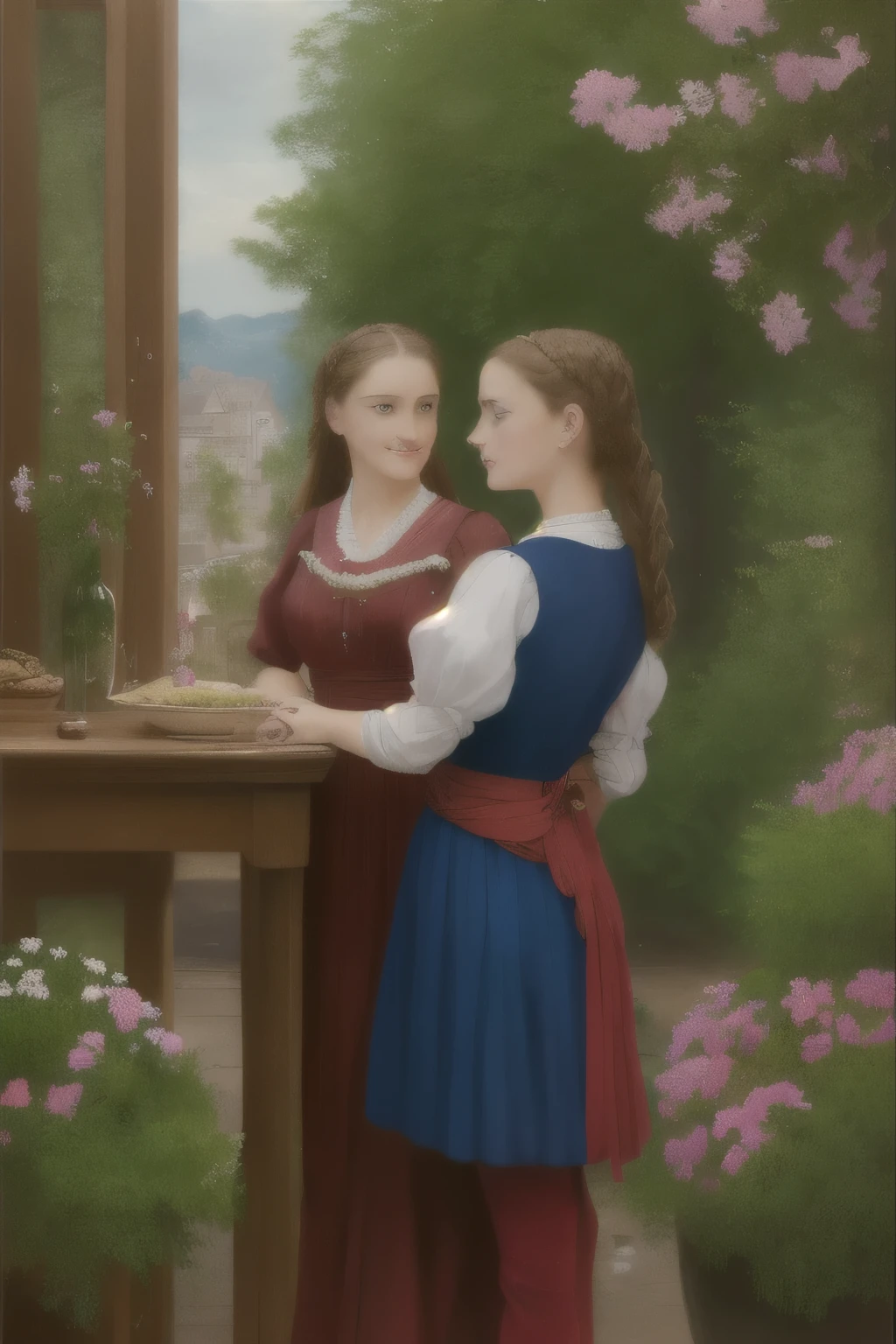 (Masterpiece, Superb, Super Detailed, High Resolution)), solo, beautiful girl RUSSIAN IN BRAIDS, bright eyes, perfect eyes,there are two women standing at a table with a cake, mary jane ansell, nick alm, by Emile Lahner, romantic era painting, inspired by Antonio Ciseri, art style of john collier, tuomas korpi bouguereau, art of emile eisman - semenowsky, inspired by Henryk Siemiradzki, victorian era painting, epic Masterpiece, ultra highest quality, ulra highest resolution, ulra high-definition, distinct_image, very elaborate CG, cinematic lighting, ray tracing, drop shadows, detailed detail, (photorealistic: 1.4), ultra high quality textures, fine-grained, realistic face expression): (lone girl, face is Japan, brown short hair, small size breasts, sparkling eyes, Eye level shot, happy smile, beauty, slim body, holiday,4k、futuristic image、real、concert hall、Many people、back view、Hologram Art、very detailed、wide angle lens、damp medieval town、3D hologram、projectolm、geometric、Vibrant and fantastic plants、big house、anime background、
