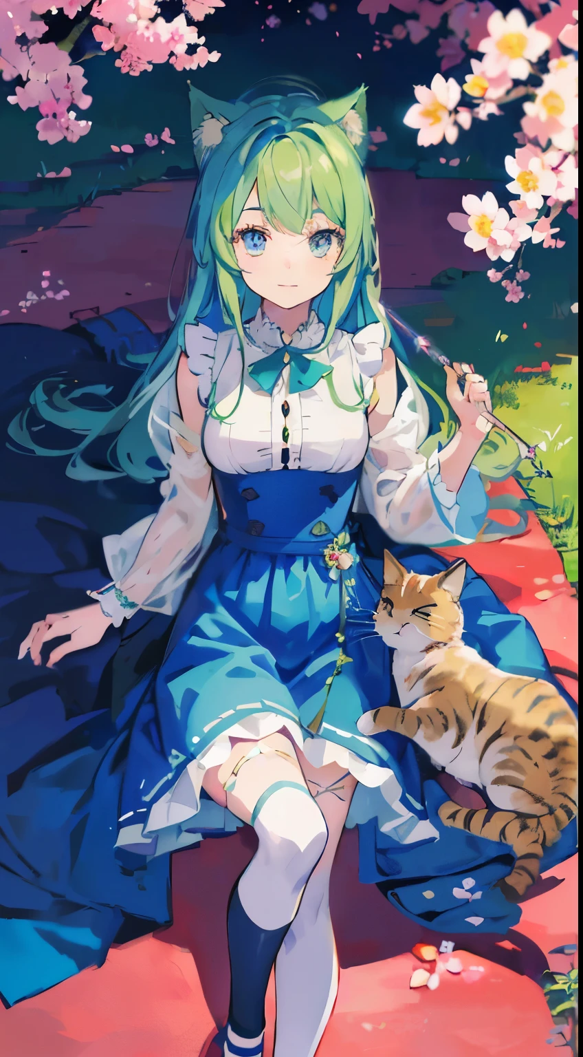((Tabletop, highest quality: 1.1), ((Anime girl in a blue dress holding a magic wand)), Art Nouveau、Anime cat girl in maid outfit, , ((Green hairs))、Person with long hair、((Eyes that shine like jewels, Long eyelashes, and transparency))、Very Beautiful Anime Neko Musume, anime cat girl, ((White knee-highs)), Charming cat girl, Cherry blossom viewing under the cherry trees,Lying down、私nspired by Leiko 私kemura, Aya Takano Color Style, in ryuuou no oshigoto art style, ((Cat ear)), smile
