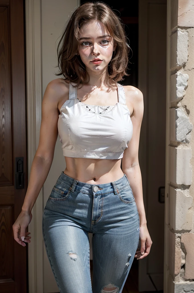 Super sexy Mariia wearing (lowcut skinny (flared jeans)), ((white croptop:1.5) tanktop with visible neckline), bobcut red hair, photorealistc, photography, (high resolution), (photorealistic:1.4), (extremely intricate), (exquisitely detailed), highly detailed, highres, original, extremely detailed 8K wallpaper, best quality, detailed face, ultra-detailed, raw photo, realistic, (thigh gap:1.5), face of young Denise Richards:1.2, face of young Brooke Shields:1.2