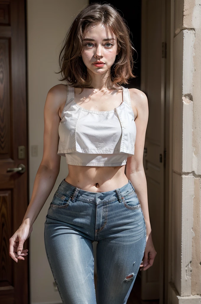 Super sexy Mariia wearing (lowcut skinny (flared jeans)), ((white croptop:1.5) tanktop with visible neckline), bobcut red hair, photorealistc, photography, (high resolution), (photorealistic:1.4), (extremely intricate), (exquisitely detailed), highly detailed, highres, original, extremely detailed 8K wallpaper, best quality, detailed face, ultra-detailed, raw photo, realistic, (thigh gap:1.5), face of young Denise Richards:1.2, face of young Brooke Shields:1.2