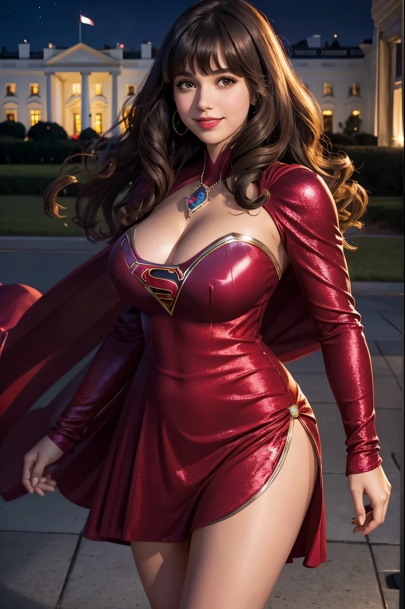 Supergirl, 27 years old, full body view, full body view, full body view, Beautiful woman shoulder length curly brunette hair, two side up with bangs, ringlets, shoulder length curly brunette hair with bangs, two side up, ringlets, shoulder length curly brunette hair with bangs, two side up, ringlets, defined body, (large_breasts:1.5) Red lipstick, smiling slightly, hands free, standing facing camera, (( jeweled sparkling red long sleeve short dress of Supergirl )), in front of The White House at night (curvy:1.2)